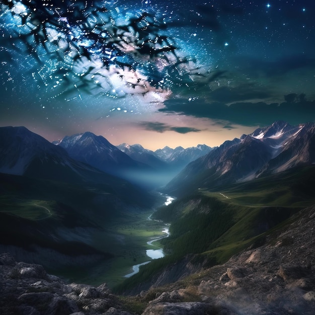 A painting of a mountain landscape with a starry sky above it.