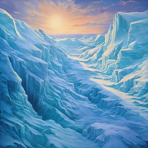 Painting of a mountain landscape with a sun setting over the ice generative ai