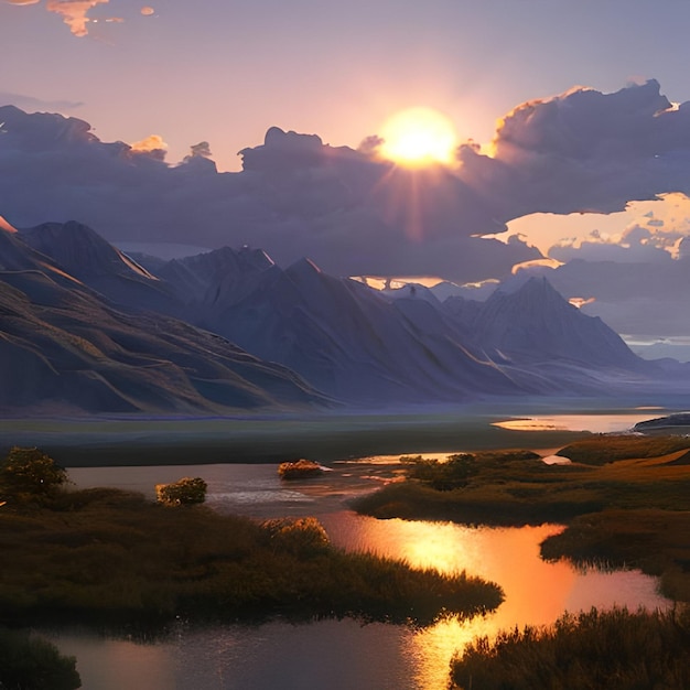 A painting of a mountain landscape with the sun shining on the horizon.