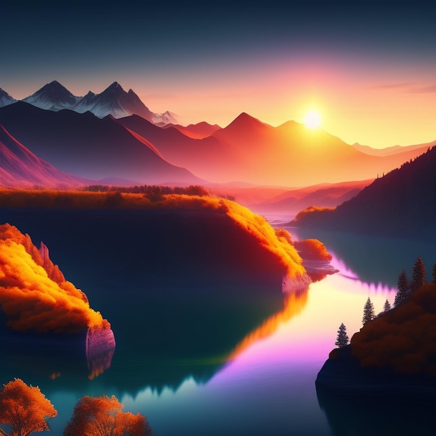 Картина горного пейзажа на фоне заката.