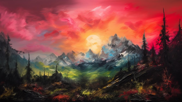 A painting of a mountain landscape with a sunset in the background.