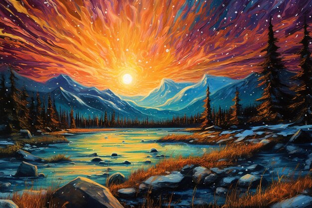 A painting of a mountain landscape with a sunset in the background.