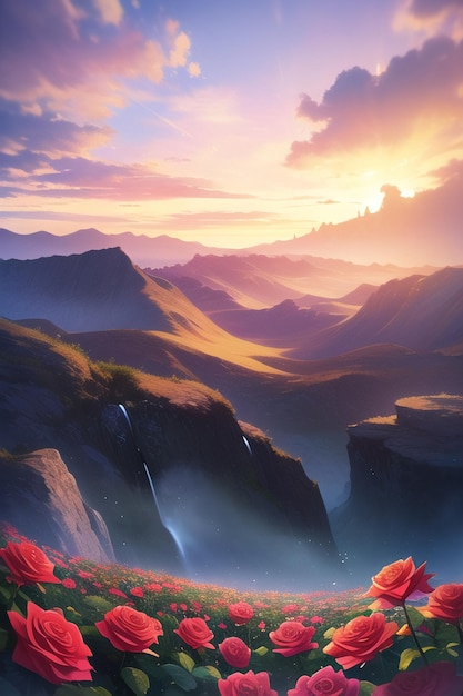 A painting of a mountain landscape with a sunset in the background.