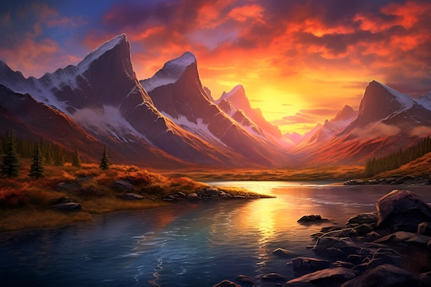 A painting of a mountain landscape with a sunset in the background.