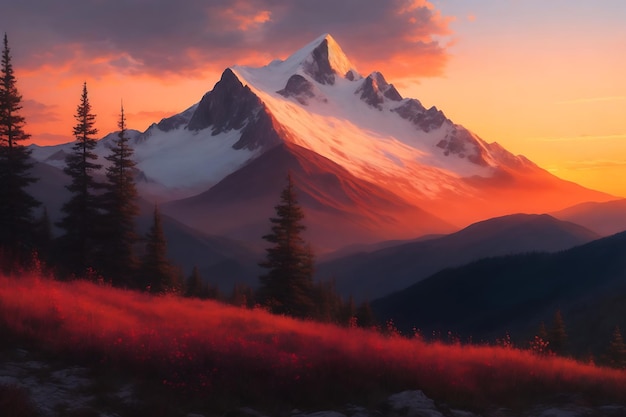 A painting of a mountain landscape with a sunset in the background