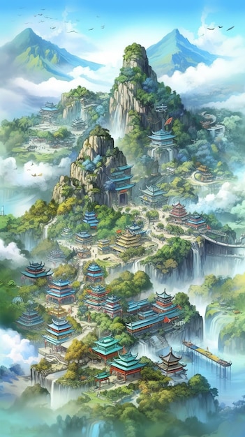 A painting of a mountain landscape with a temple in the middle.