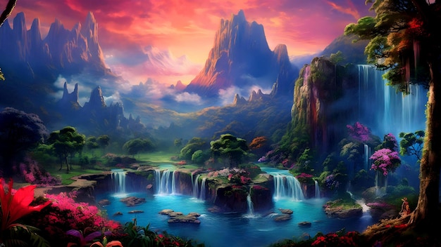 A painting of a mountain landscape with a waterfall and a cloudy sky.