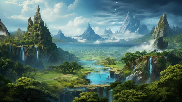 painting of a mountain landscape with a waterfall and a waterfall generative ai