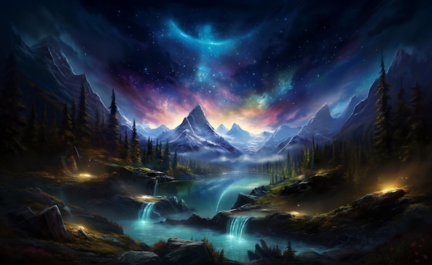 Premium AI Image | painting of a mountain landscape with a waterfall ...