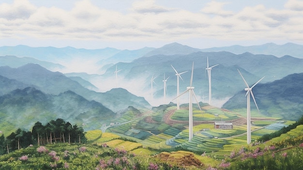 painting of a mountain landscape with wind turbines and a valley generative ai