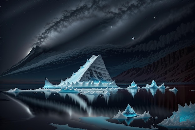 A painting of a mountain and a large iceberg in the water.