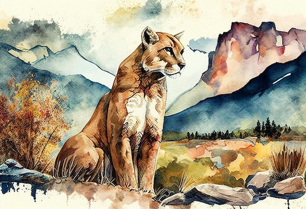 painting of a mountain lion sitting in front of a mountain generative ai