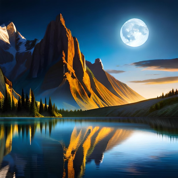 A painting of a mountain and a moon with the moon above it