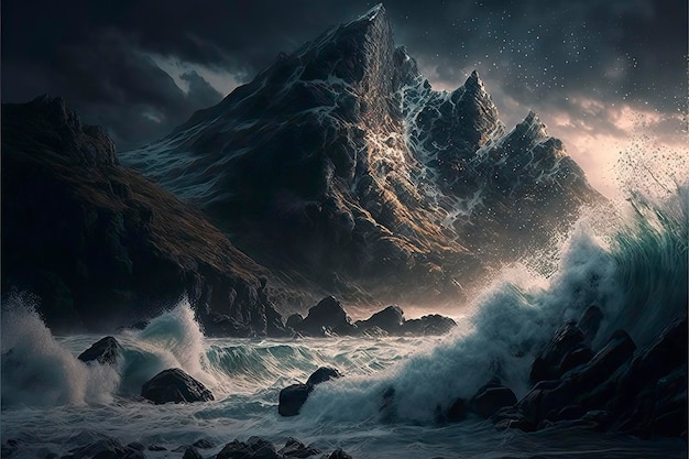 A painting of a mountain and the ocean