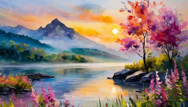 Painting of mountain peaks river or lake blooming nature and tree with pink flowers