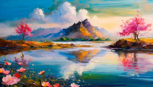 Painting of mountain peaks river or lake blooming nature and tree with pink flowers