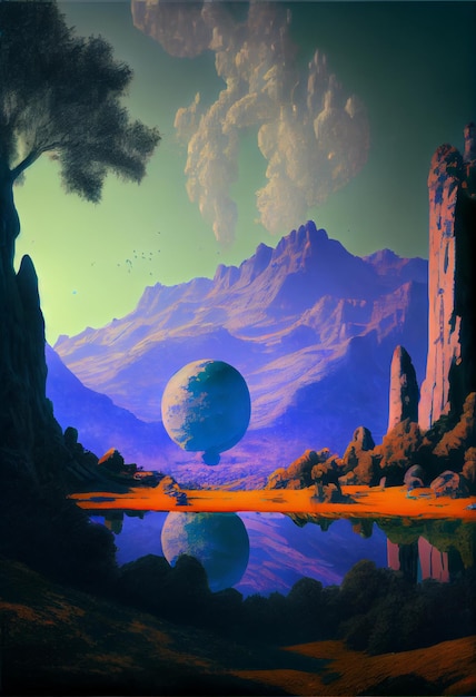 A painting of a mountain and a planet with a blue ball in the middle.