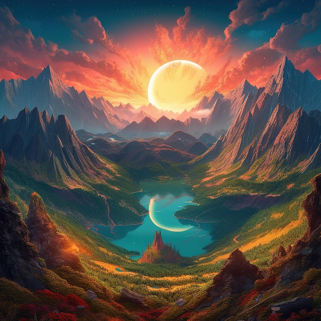 A painting of a mountain and a planet with a moon in the sky