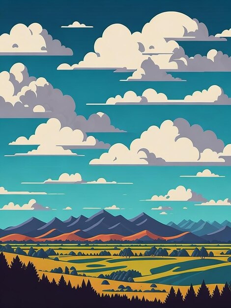 a painting of a mountain range with a blue sky and clouds