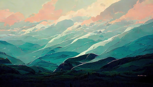 A painting of a mountain range with clouds in the sky generative AI