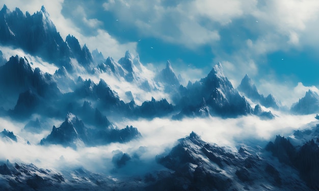 A painting of a mountain range with clouds and the words " mountain " on the top.