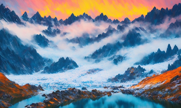 A painting of a mountain range with a cloudy sky and a bright orange light.