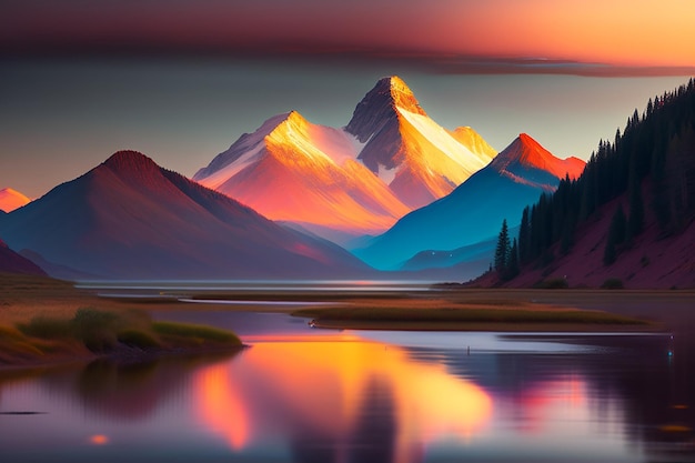 Photo a painting of a mountain range with a colorful sky and the sun shining on it.