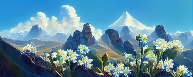 A painting of a mountain range with flowers in the foreground generative AI