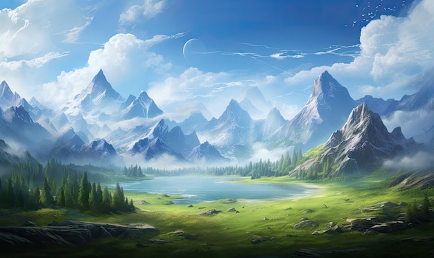 A painting of a mountain range with a lake in the foreground