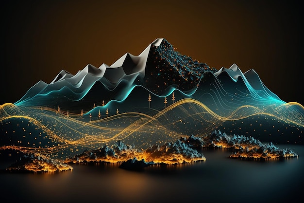 A painting of a mountain range with lights on it