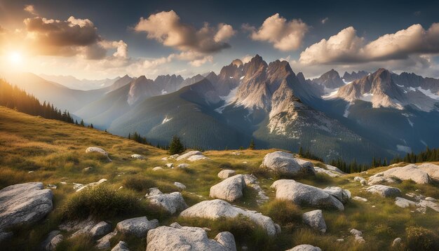 Foto un dipinto di una catena montuosa con una montagna sullo sfondo