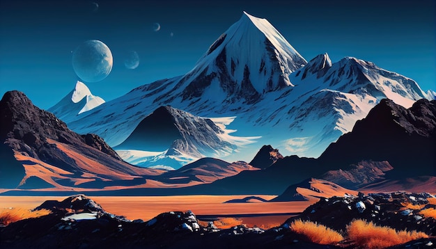 A painting of a mountain range with a planet in the background generative AI