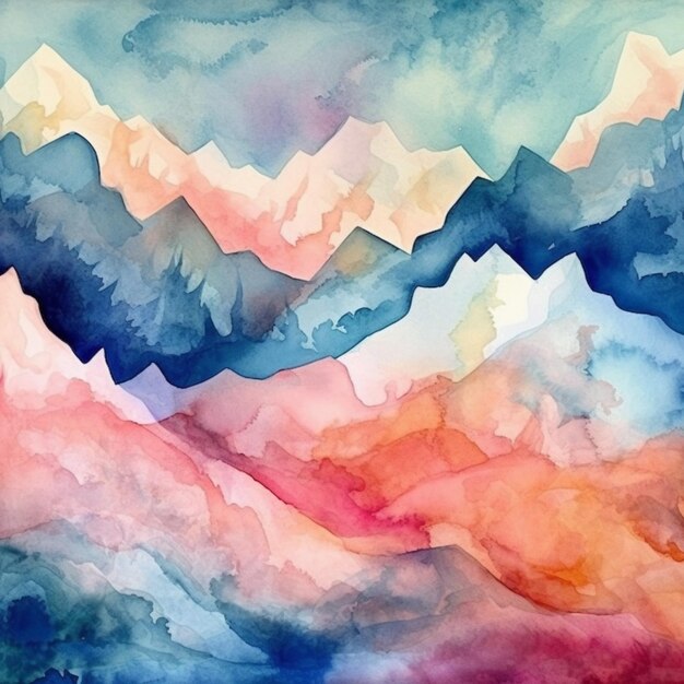 Painting of a mountain range with a red sky and clouds generative ai