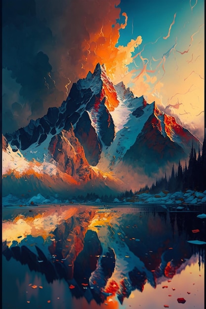 A painting of a mountain range with the sky in the background.