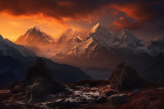A painting of a mountain range with the sun setting behind it