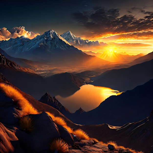 A painting of a mountain range with the sun setting behind it