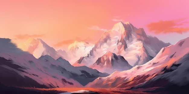 A painting of a mountain range with the sun shining on it.