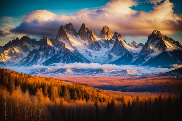 Foto un dipinto di una catena montuosa con gli alberi in primo piano