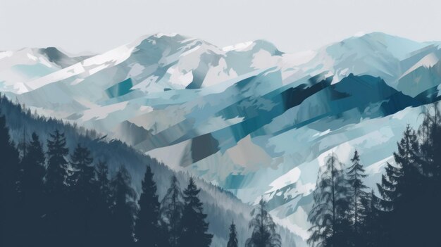 Photo a painting of a mountain range with trees generative ai image