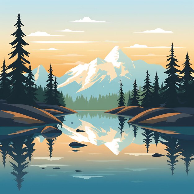 a painting of a mountain reflected in a lake with trees and mountains in the background