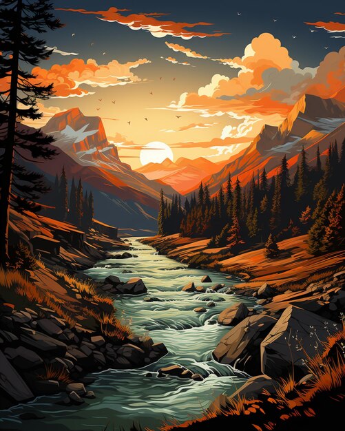 painting of a mountain river with a sunset in the background generative ai