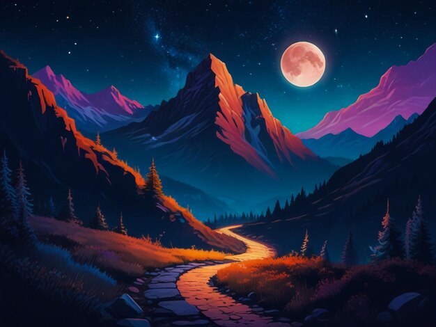 a painting of a mountain road with a moon and a mountain landscape