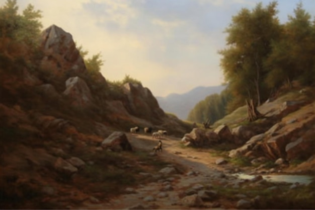 A painting of a mountain road with a mountain in the background.