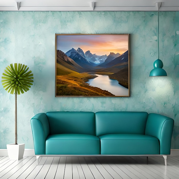 A painting of a mountain scene hangs on a wall in a living room.