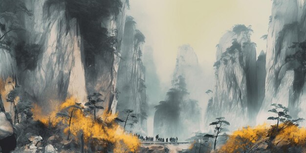 Painting of a mountain scene with a bridge and a person on a boat generative ai