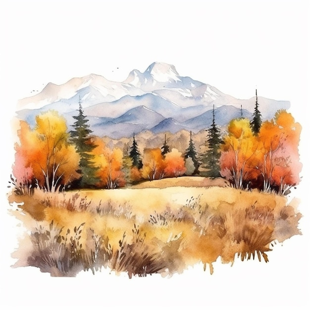 painting of a mountain scene with a field and trees in the foreground generative ai