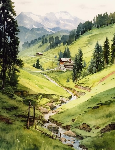 Photo a painting of a mountain scene with a house in the background.