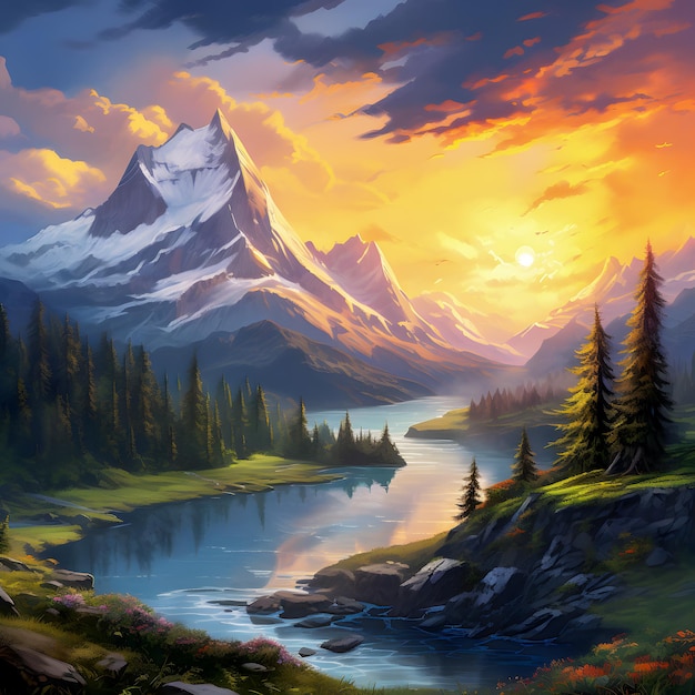 Painting of a mountain scene with a lake and a mountain in the background Generative AI