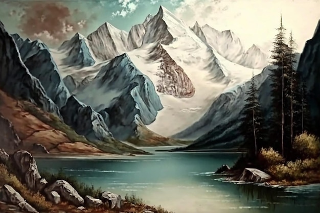 호수와 산맥이 있는 산의 장면을 그린 그림