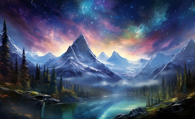 Картина горной сцены с озером и горным хребтом